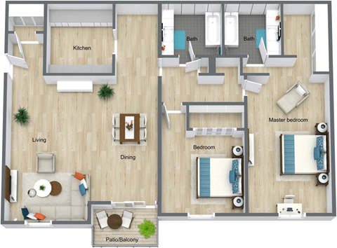 Floor plan for 2 beds, 2 baths, 1230 sqft